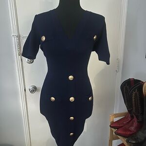 Navy and Gold Button Bodycon Knit Dress
